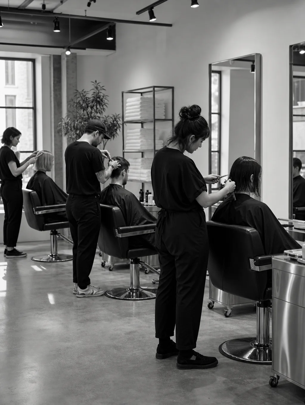 Studenten aan het werk in de moderne salon van CUTCO